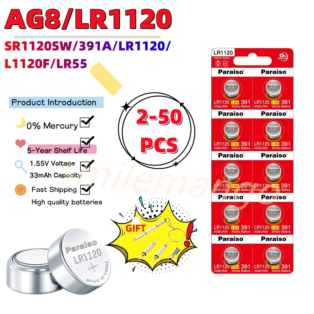 New High-Capacity 1.55V AG8 LR1120 391 SR1120 R1120W CX191 Button Batteries G8A 191 SR1120SW Cell Coin Watch Toys Remote Battery