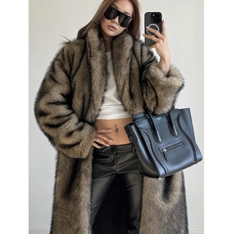Luxury Women's Clothing Winter Long Fur Coats New Faux Wolf Fur Suit Collars Overcoats Windproof Warm Loose Windbreakers