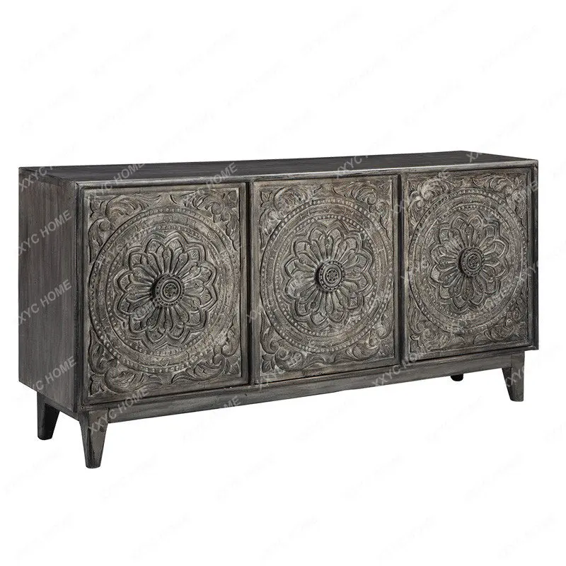 

French Entry Lux Wood Carved Entrance Cabinet Sideboard Vintage Distressed Locker Custom Shoe Cabinet Partition Curio Cabinet