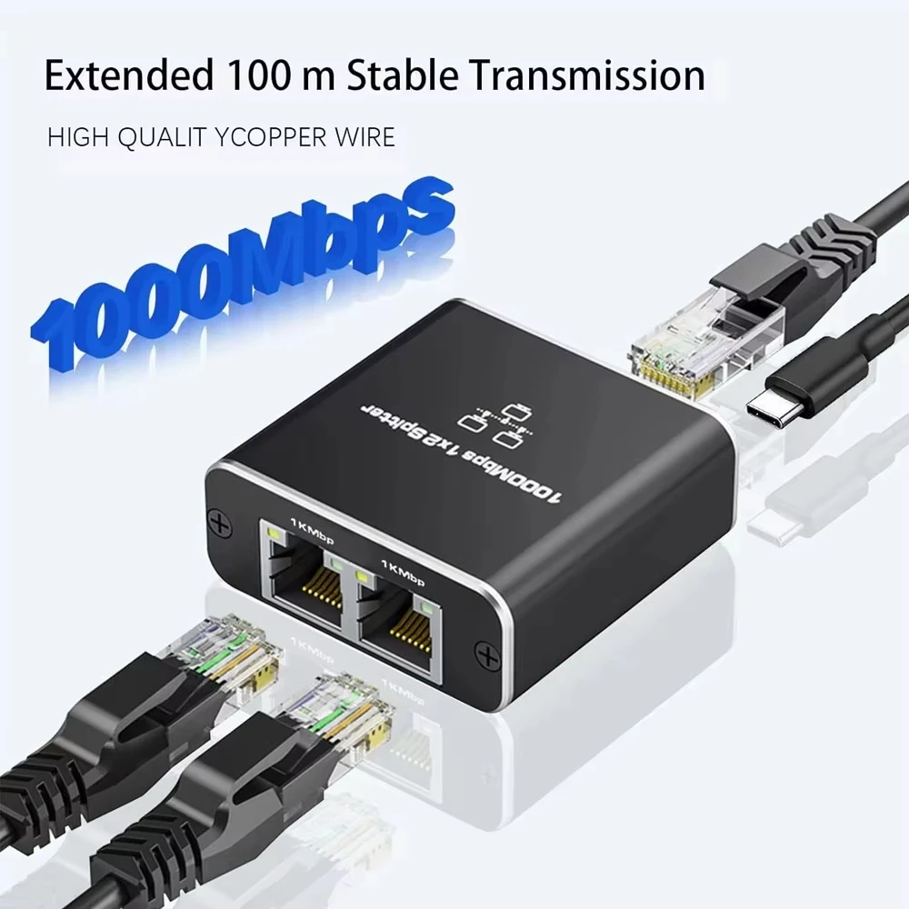 Network Splitter 1000Mbps Hub 1 to 2 RJ45 Adapter Gigabit Converter Internet Ethernet 8P8C Set-Top Extender Plug Extension ﻿