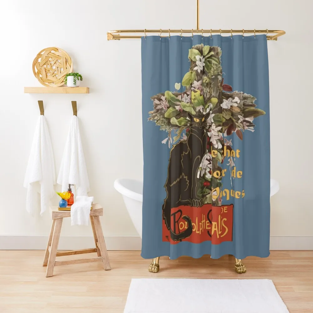 Easter Le Chat Noir de Paques With Floral Cross Shower Curtain Bathroom For Shower Waterproof Fabric Bathroom Curtain