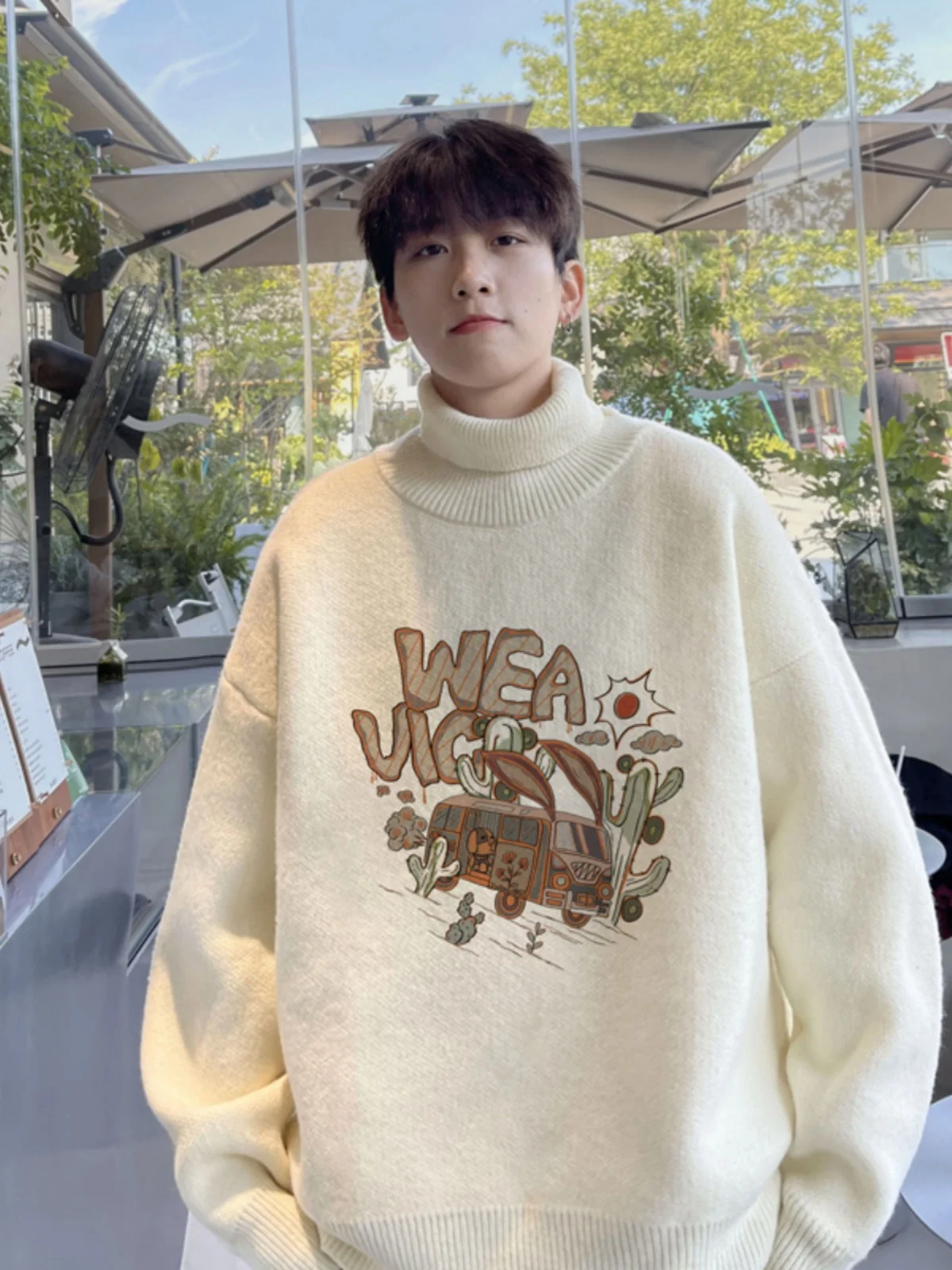 

Мужской вязаный свитер с высоким воротником, на флисовой подкладке, утепленный, осенне-зимний, свободного кроя, повседневный, с принтом, верхняя одежда