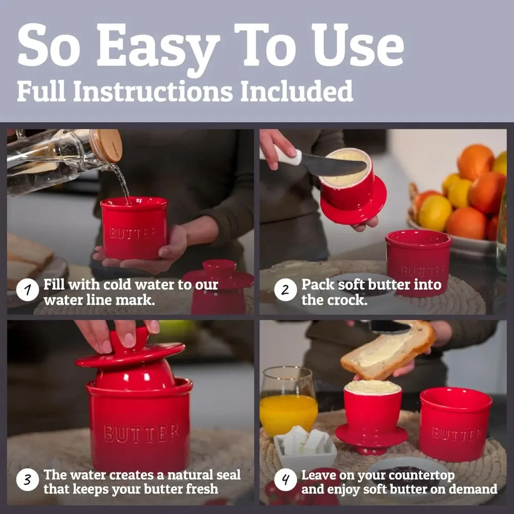 PriorityChef Butter Crock مع غطاء مع خط ماء، طبق زبدة فرنسي من السيراميك للترك على العداد، أحمر