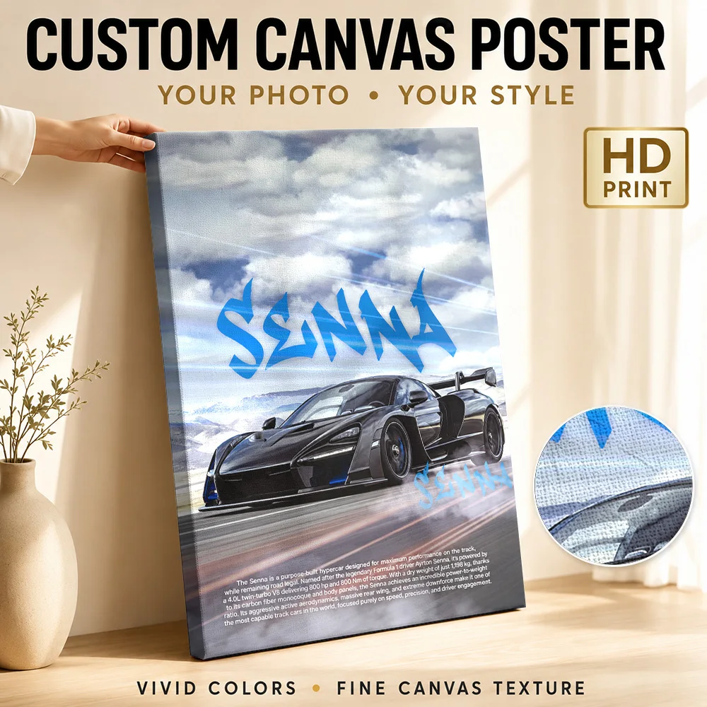 British Senna Blue Hypercar Framed Canvas Print Posters Modern Style Wall Art With Customized Photo For Office Ideal Driver Gift