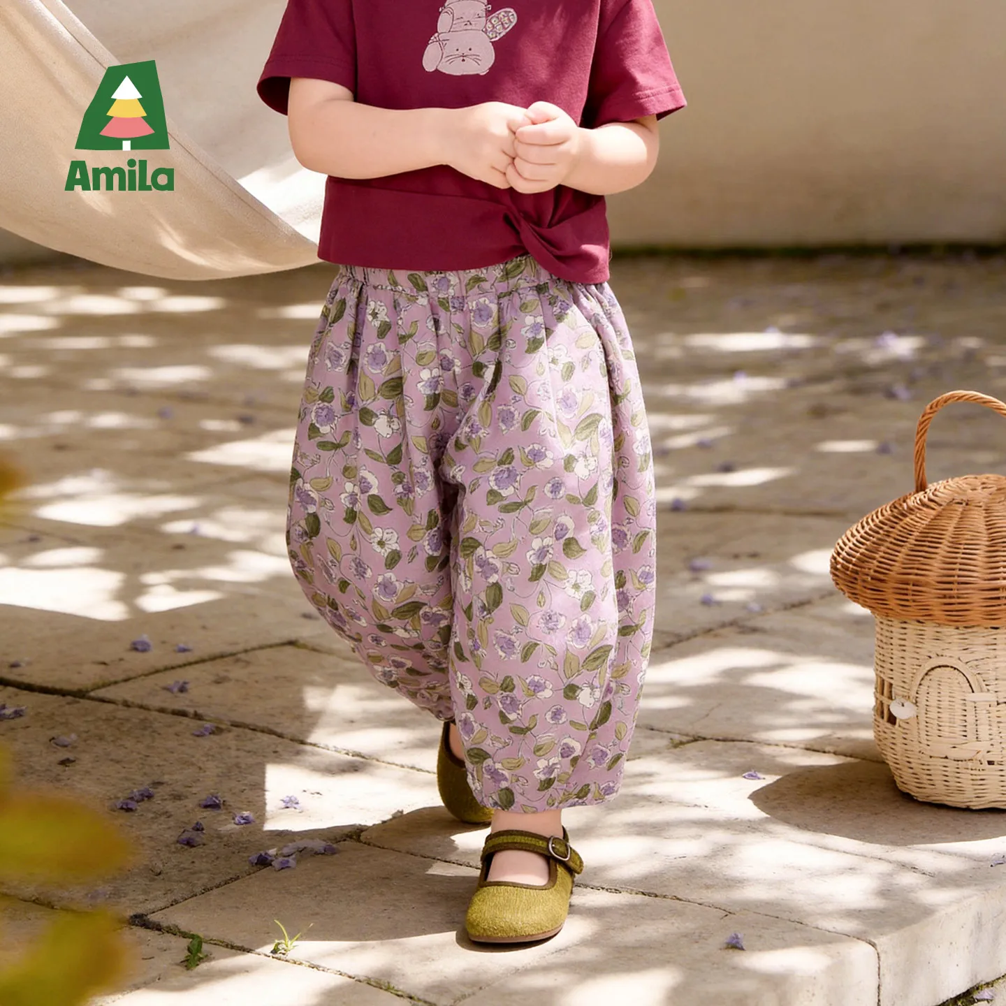 Amila 2026 Summer New Children's Casual Pants, Vintage Watercolor Floral Style Literary And Casual Loose-Fitting Long Pants