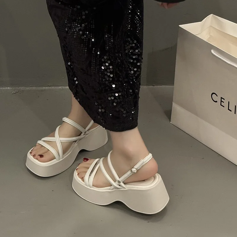 Women High Heels Party Shoes Chunky Sandals 2025 New Summer Cross Tied Sexy Pumps Rome Ladies Shoes Heel Slippers Mujer Zapatos image 3