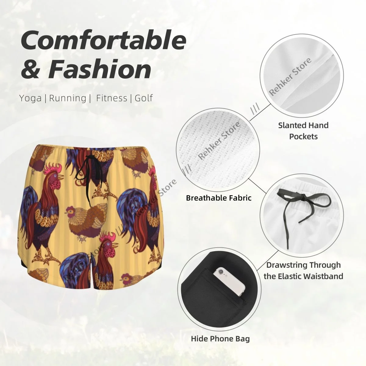 ผู้หญิงกางเกงขาสั้นโยคะวาดด้วยมือ Rooster ไก่ไก่กางเกงขาสั้นฟิตเนส Quick-DRY สุภาพสตรีโยคะยิมวิ่งสั้นกางเกงกีฬา