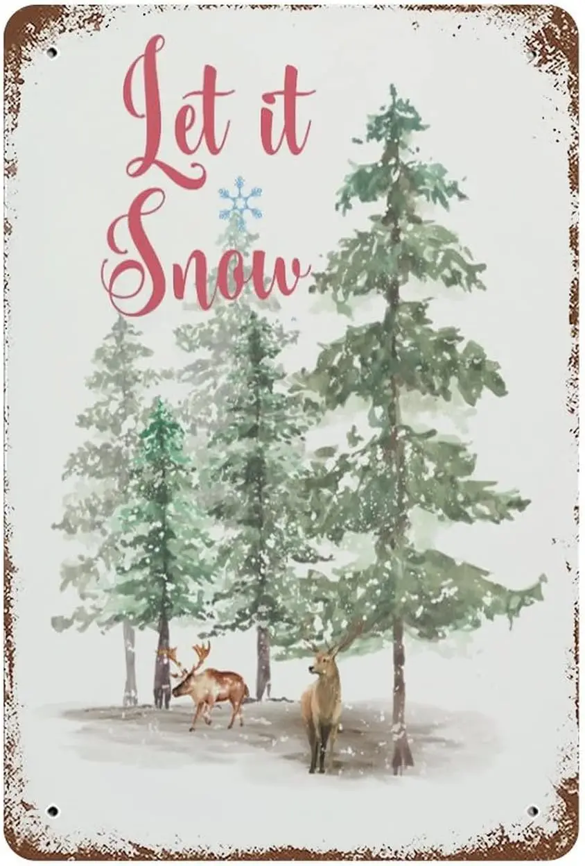 Vintage Metal Tin Sign Let It Snow Christmas Tree Holiday Farmhouse Christmas Valentine's Day Sign Funny Novelty Home Decor