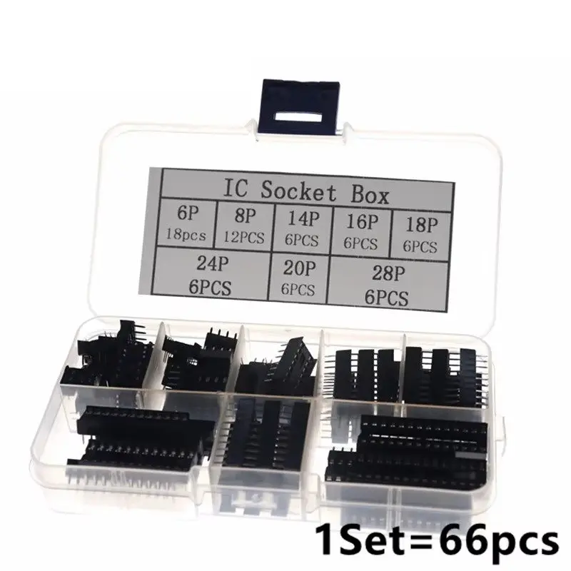 66PCS/lot With Box DIP IC Sockets Adaptor Solder Type Socket Kit 6 8 14 16 18 20 24 28 Pin DIP-6 DIP-8 DIP-14 IC Connector