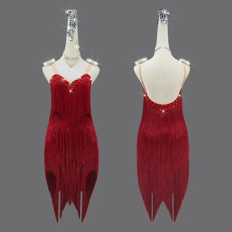 Vestido Sexy de baile latino con flecos para mujer adulta, traje de competición deportiva para escenario, falda de fiesta para niña, traje de línea, ropa de graduación de Cabaret Cha