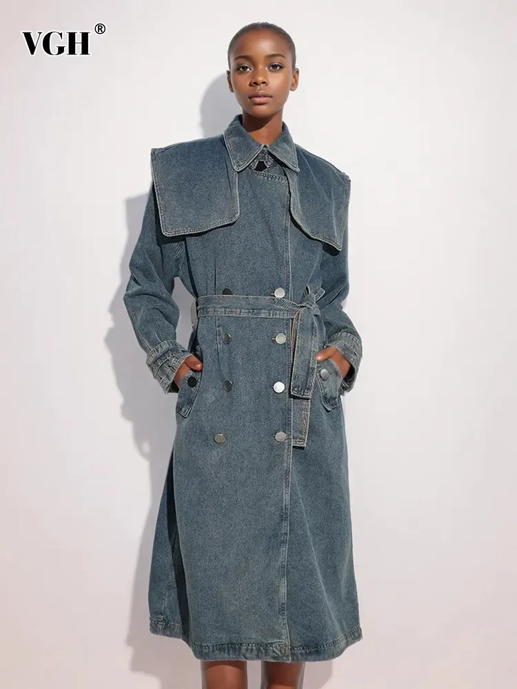 

VGH Solid Patchwork Belt Denim Trench For Women Lapel Long Sleeve High Waist Spliced Double Breasted Trenchs Female Fashion New