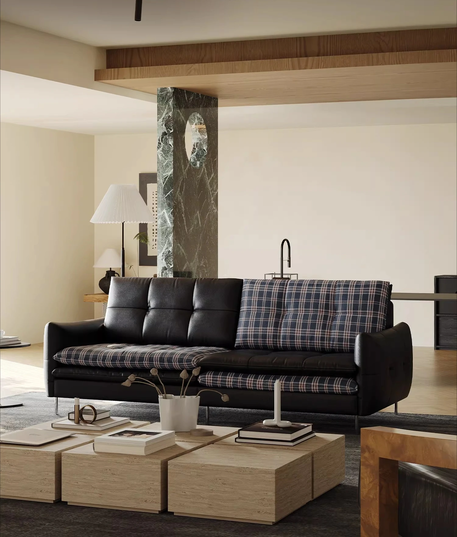 

Retro leather art sofa burger living room high-end designer minimalist first layer cowhide straight row sofa new