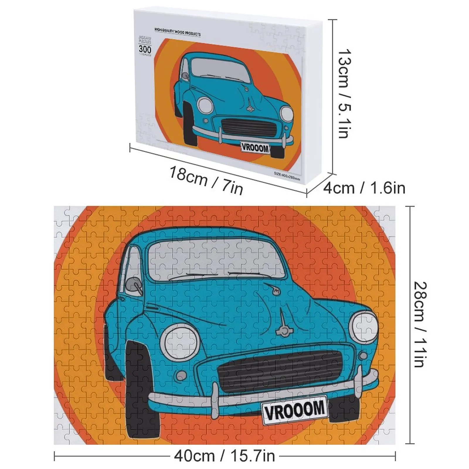 أحجية الصور المقطوعة للسيارة الكلاسيكية باللون الأزرق القزحية من موريس مينيور، مخصصة للأطفال، لعبة ألغاز خشبية