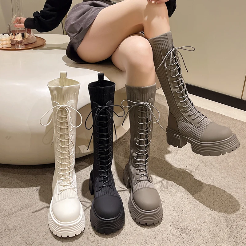 Rimocy 2023 Autumn Winter New Chunky Platform Long Boots Women Thick-soled Stretch Knitted Knee High Boots Woman Botas De Mujer