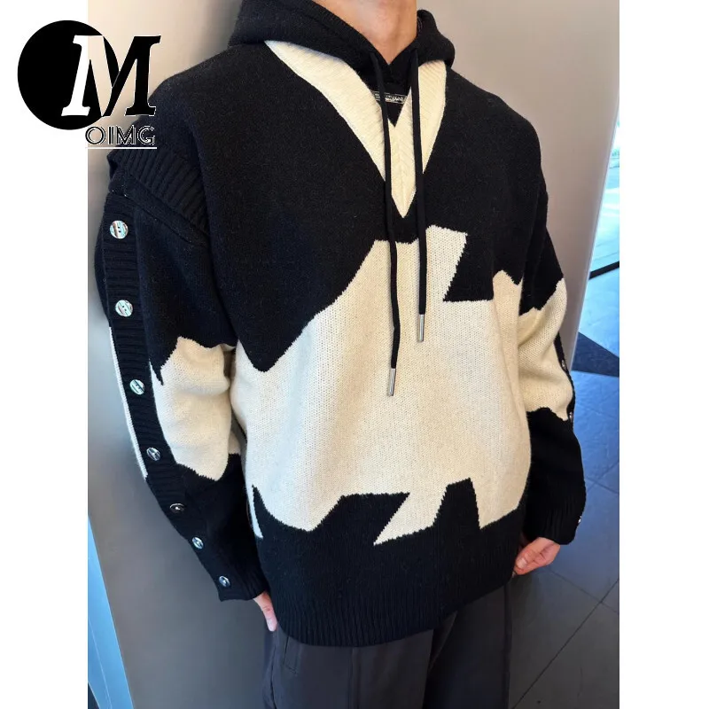 [oimg] American High-end Trendy Brand Hooded Knitted Color Blocking Fake Two-piece Sweater, Men's And Women's Jacket