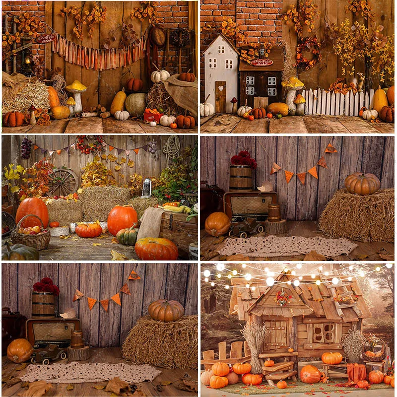 

Autumn Farm Photography Backdrop Barn Haystack Pumpkin Thanksgiving Decor Photo Backgrounds Props