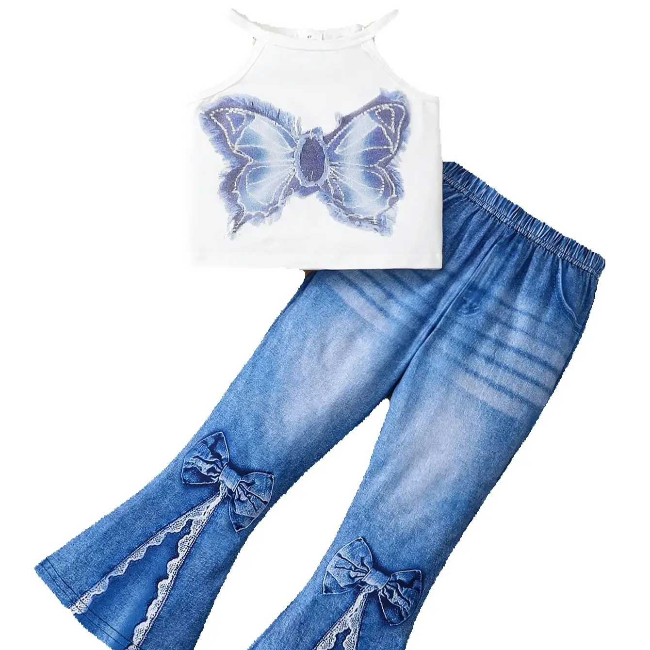 Ensemble 2 pièces pour filles : Ensemble pantalon long simple tendance d'été, haut à bretelles imprimé papillon pour petite fille + pantalon long à taille élastique imprimé nœud en faux denim,