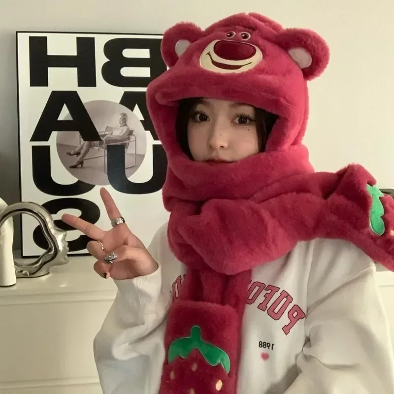 Animation peripheral Lotso winter cute furry scarf hat three-in-one warm winter gloves three-piece set kawaii surprise gift