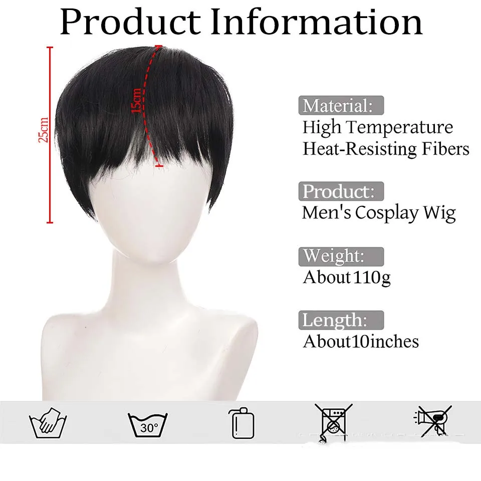 Cabelo sintético curto com arranca para homens, peruca masculina, cosplay diário, fantasias de anime, perucas de dia das bruxas, preto, branco,