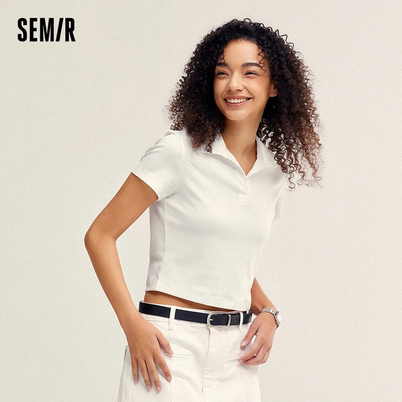 Senma POLO Shirt Women 2024 summer New Arrival short solid color versatile top Slim knitted polo shirt Female