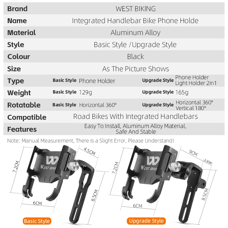 WEST BIKING 2 In 1 Bicycle Mobile Phone Support Intergrated Handlebar Phone Stand CNC Aluminum Alloy Gopro Headlight Holder