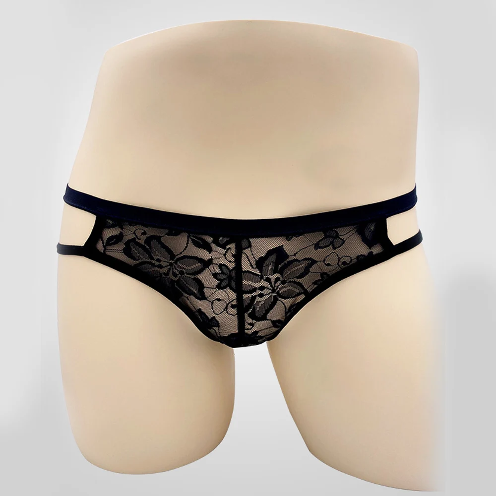 Men's Sexy Lace See Through Underwear Thong Low Rise Adjust Strap G-String Bugle Pouch Underpants Lace Flower Pattern