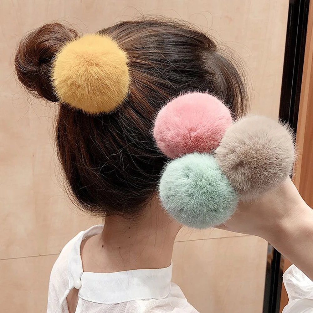 Winter Girls Hairband Plush Elastic Pompom Plush Hair Rope Hair Accessories Pompom Rubber Band Ponytail Holder