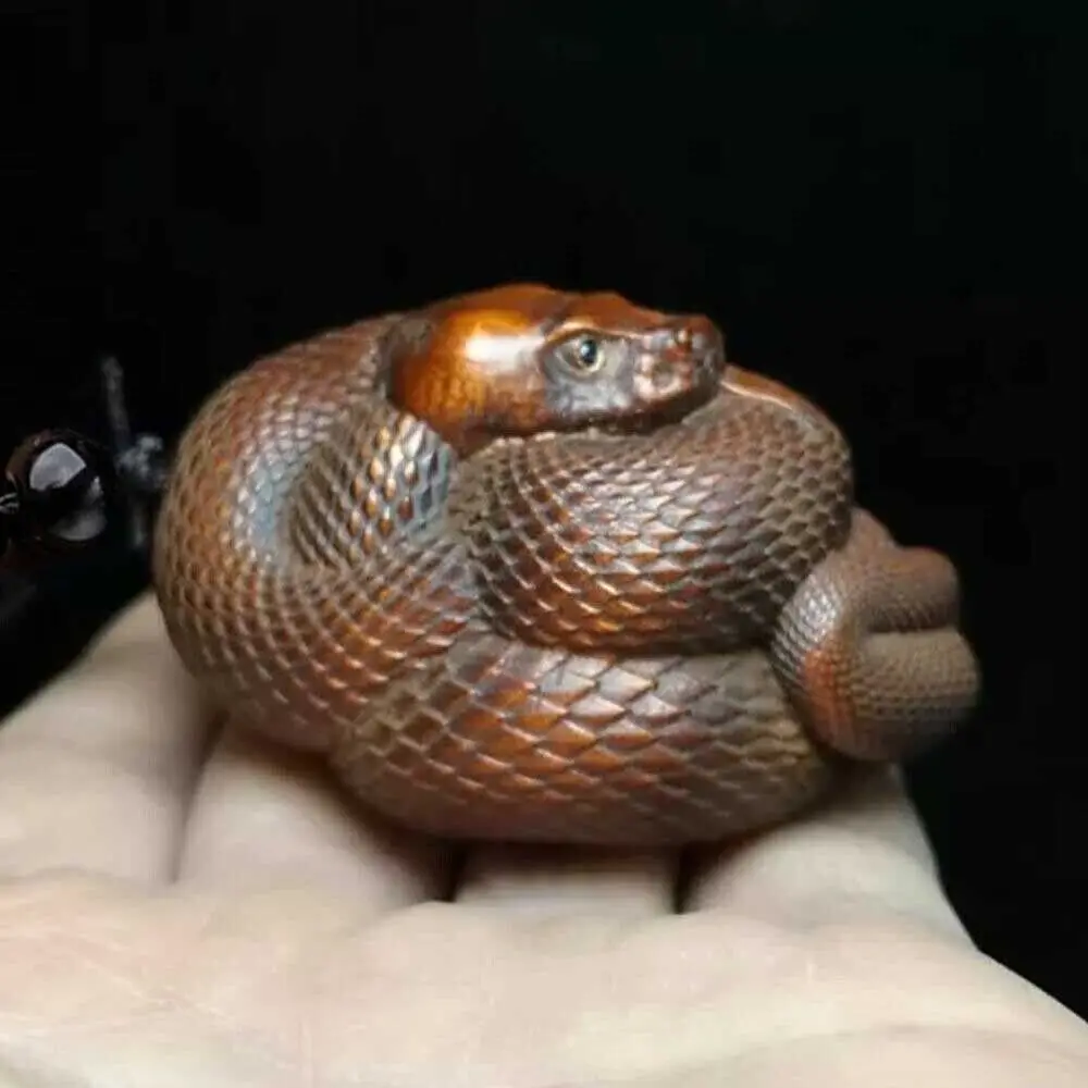 2.4 Inch Chinese Boxwood Hand Carved Snake Figure Statue Netsuke Gift Collection