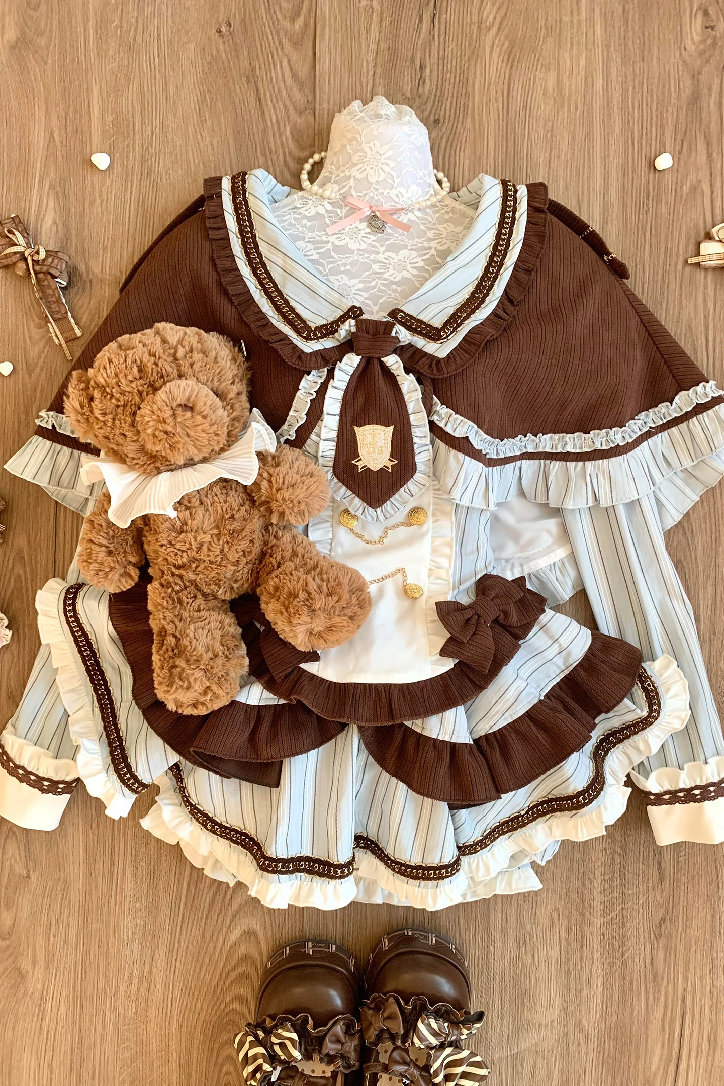 Cute Sweet Girly Chocolate Color Shawl Cape Striped Long Sleeve Shirt Puff Skirt Academy Style Three-Piece Sets Womens Outfits