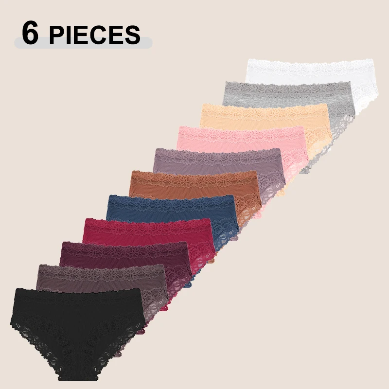 6Pcs/Set Sexy Lace Cotton Briefs For Women Seamless Solid Color High Quality Elastic Panties Female Soft Breathable Lingerie New