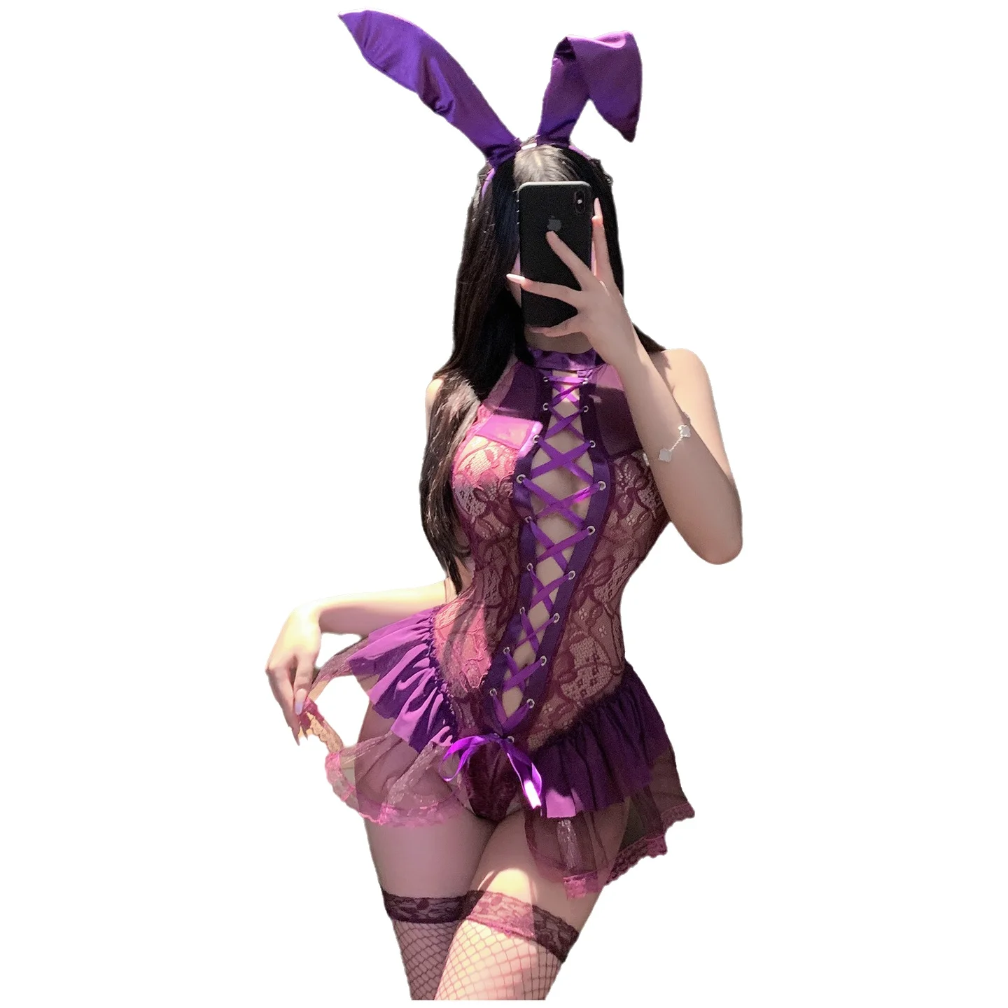 Sexy Bunny Girl Uniform Pure Desire Lace Bodysuits Sleepwear Solid Color Hanging Neck Off-the-shoulder Bodysuits Charming Y6EC