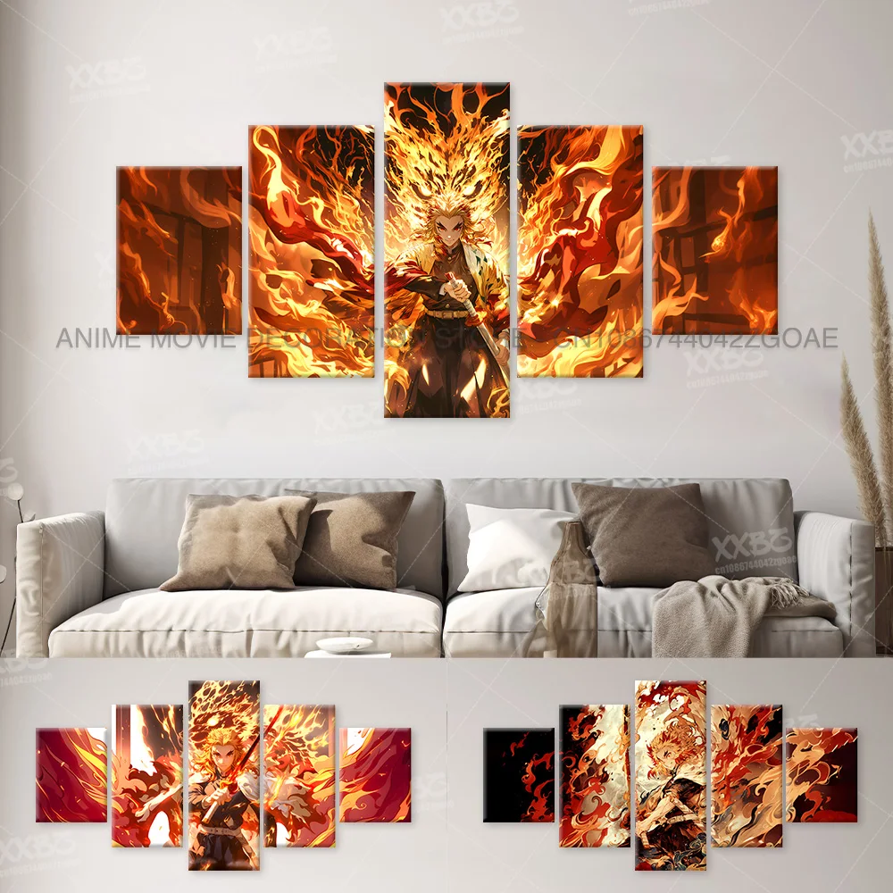 

5Pcs Anime Demon Slayer Rengoku Kyoujurou Character Canvas Wall Art Print Picture Poster Home Decoration Room Frameless Painting