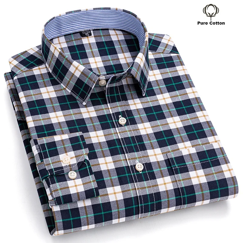 100% Cotton Oxford Men Shirts Long Sleeves Plaid Soft Regular Fit Formal Dress Shirt Pocket Social Blouse Male Clothes 6XL 7XL