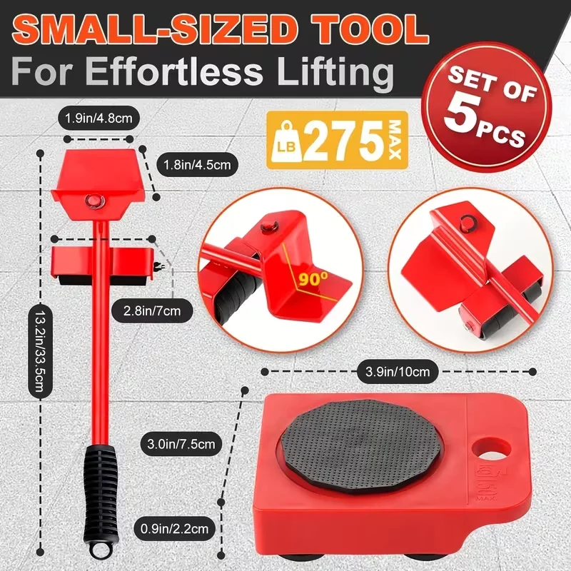 5 in 1 Furniture Moving Set Labor Saving Lifting Pry Bar with 360 Degree Rotating Casters for Heavy Cabinets Refrigerators Home