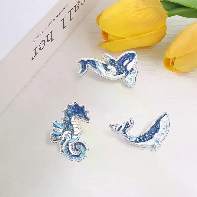 3/6Pcs Cartoon Sparkling Underwater Marine Creatures Enamel Pins Glitter Dolphins Manta Ray Seahorse Sharks Whale Brooch Jewelr