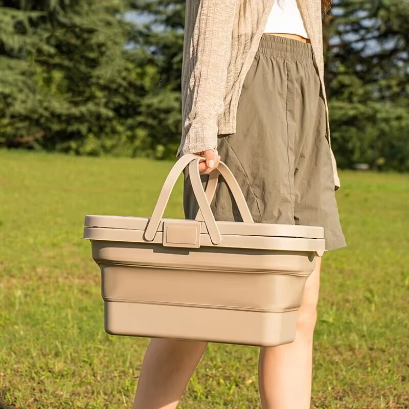 سلة نزهة خارجية للتخييم متعددة الوظائف تحمل يدويًا مع غطاء سلة تخزين متعددة الوظائف صندوق تخزين نزهة قابل للطي
