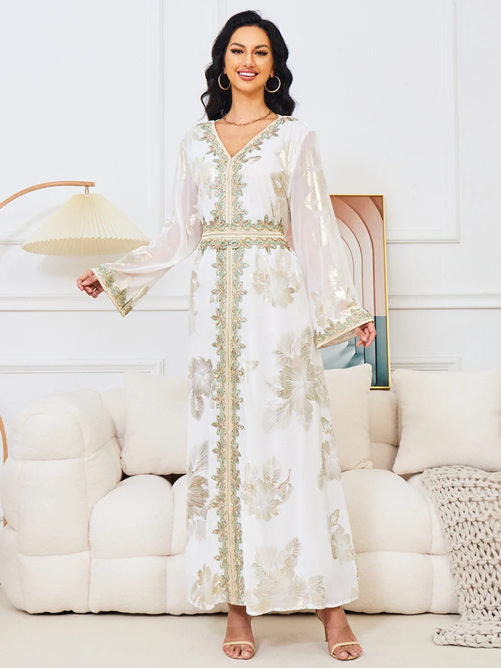 Jhjn outono e inverno estampagem de ouro bordado cinto muçulmano robe dubai viagem vestido de noite roupas femininas