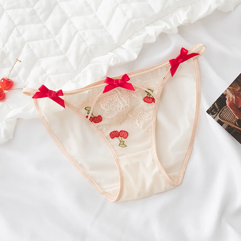 French Sweet Strawberry Laurie Fruit Mesh Lace Bow Sexy Comfortable Breathable Low Waist Underpants for Women Mainland China