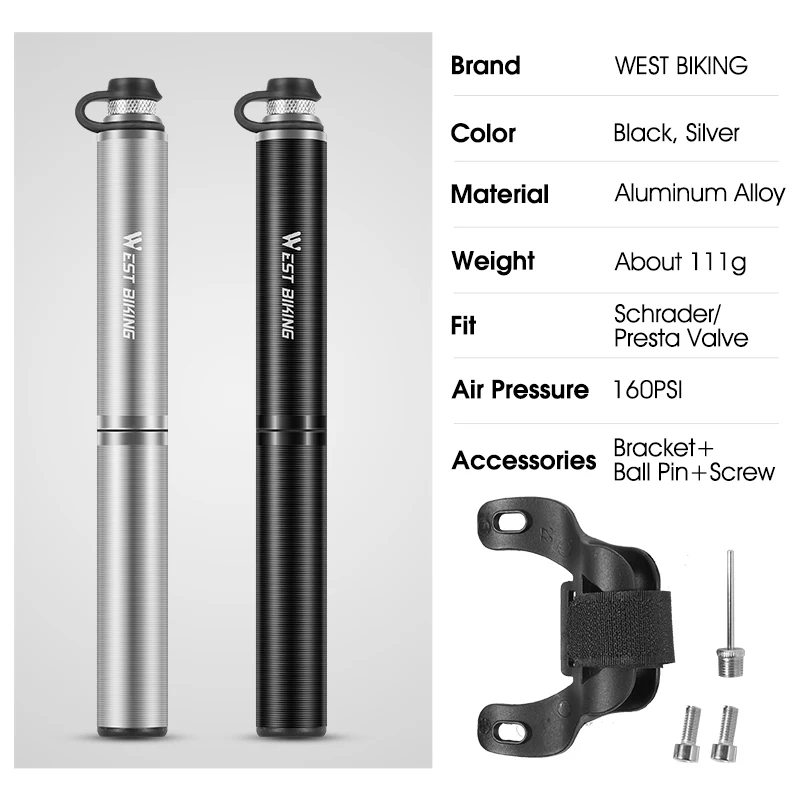 WEST BIKING Portable Bicycle Pump 160PSI Mini Aluminum Alloy Bike Pump Schrader/Presta Valve Inflator MTB Road Bike Accessories