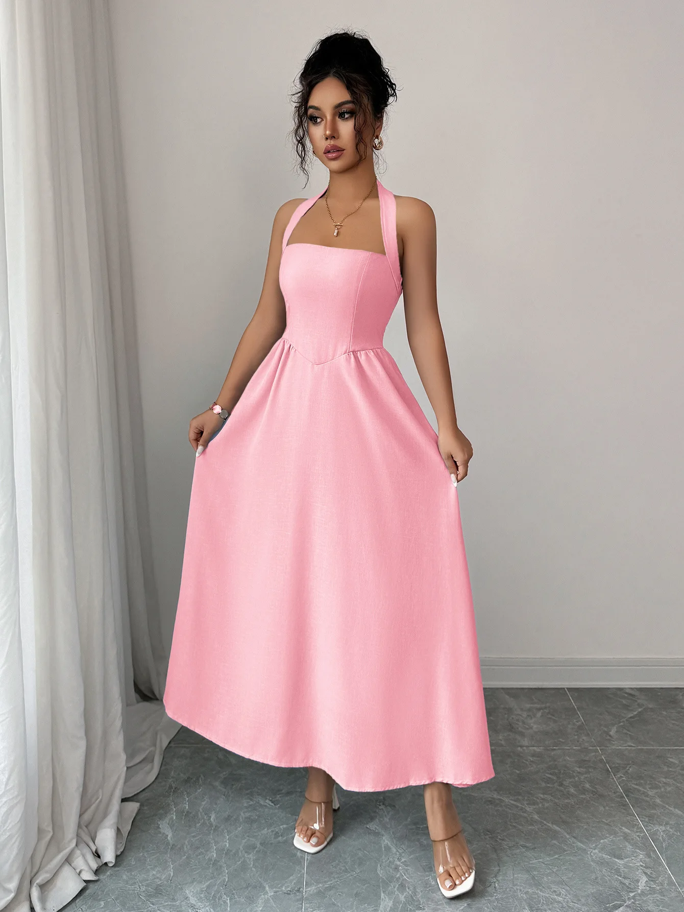 Women's Dress 5 Colors Halter Neck Maxi Dress Square Neck Tie Back Flowy Skirt Formal Evening Party Wedding Guest Gown view 6