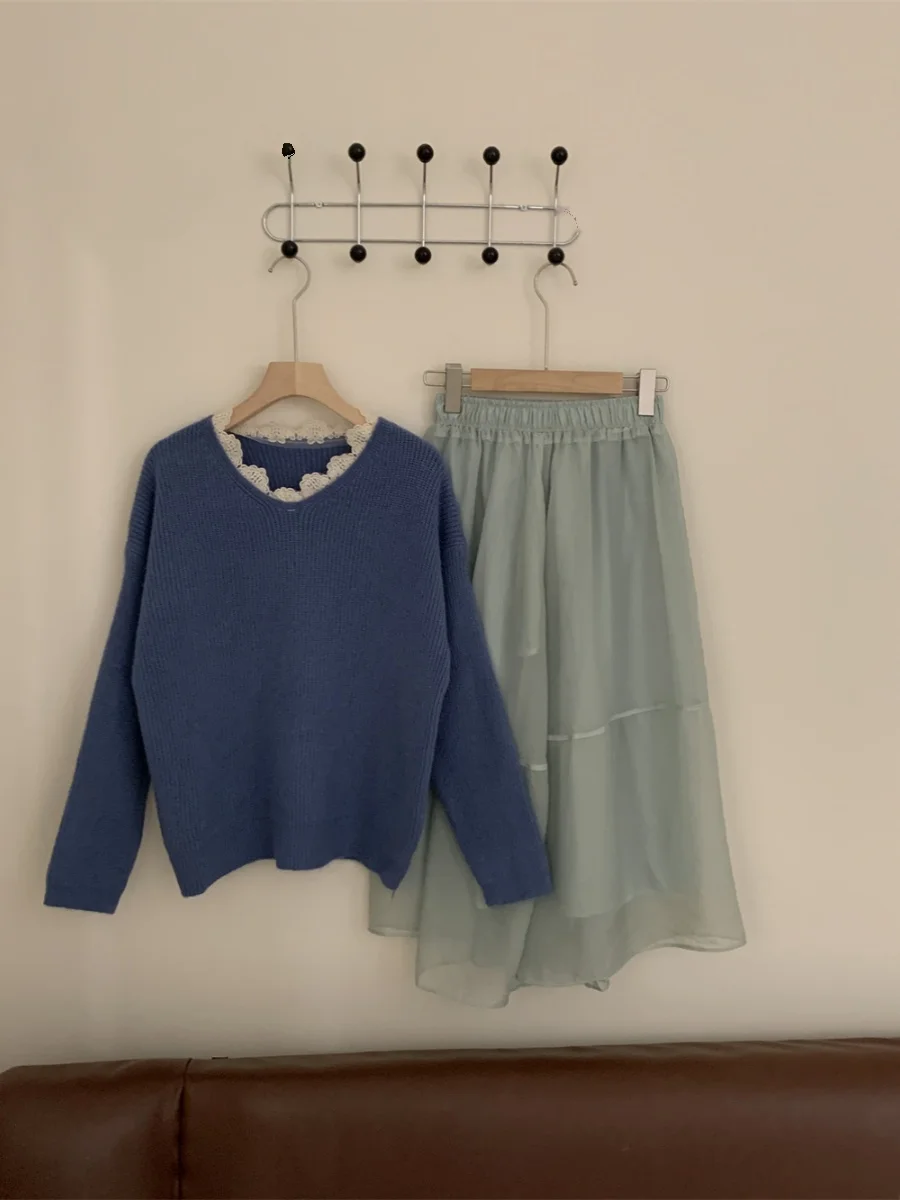 Ele gola de renda solta suéter sutil elegância design de malha longa sve redonda ne cor básica commute sle