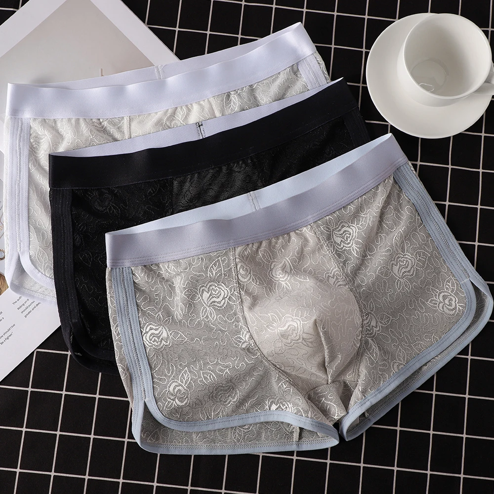 1/3PCS Sexy Perspective Lace Knit Rose Pattern Men's Underpants Breathable Ice Silk Mesh Boxers High Elastic Quick-dry Underwear