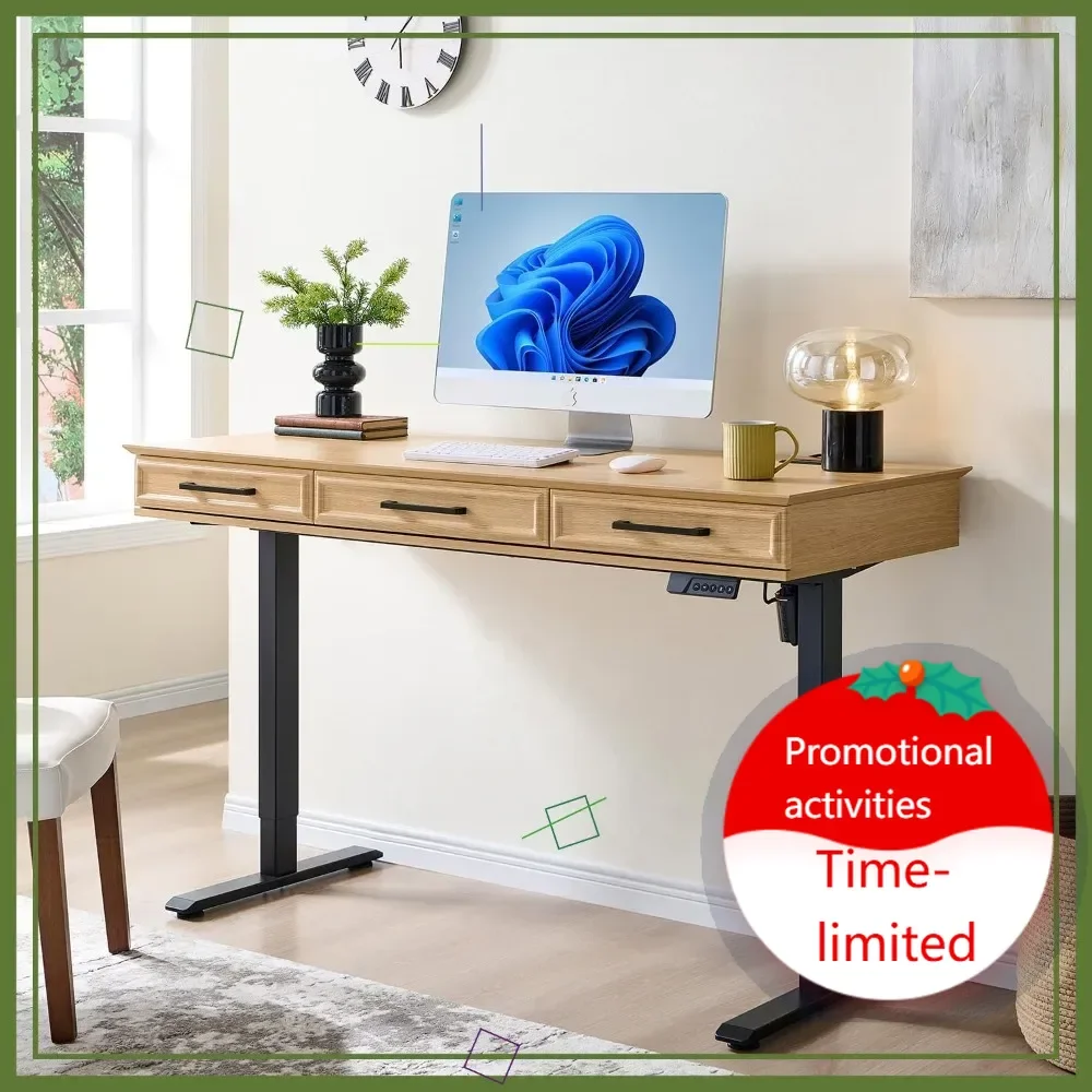 

Hot salesElectric Standing Desk with 3 Drawers, Adjustable Height, Power Outlets, Natural Oak - 55x26 Inch