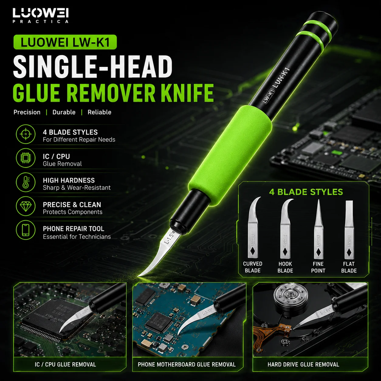 

LUOWEI LW-K1 5-in-1 Precision Chip Hard Drive Glue Remover Knife Set CPU IC Glue Removal Pry Blade Phone Repair Cleaner Tool