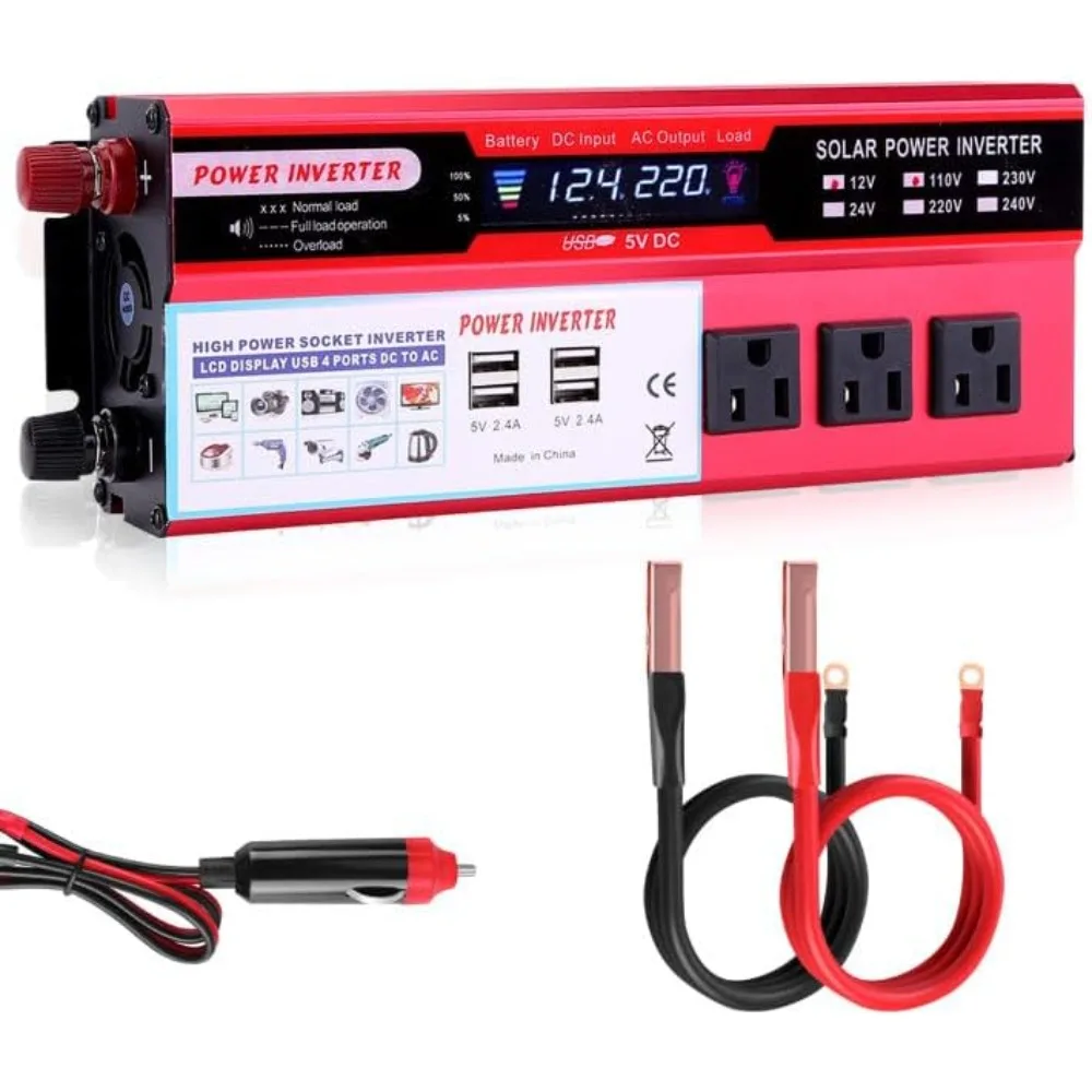 

2000 Watt Solar Inverter - Converts 12V DC to 110-120V AC with 3 Outlets and 2 USB Ports, LCD Display
