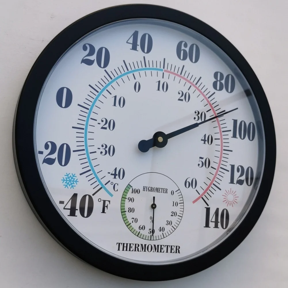 

Двойная шкала, внутренний и наружный термометр, гигрометр, большой круглый аналоговый, по Фаренгейту, Цельсия, от 40 до 140 градусов для домашнего использования