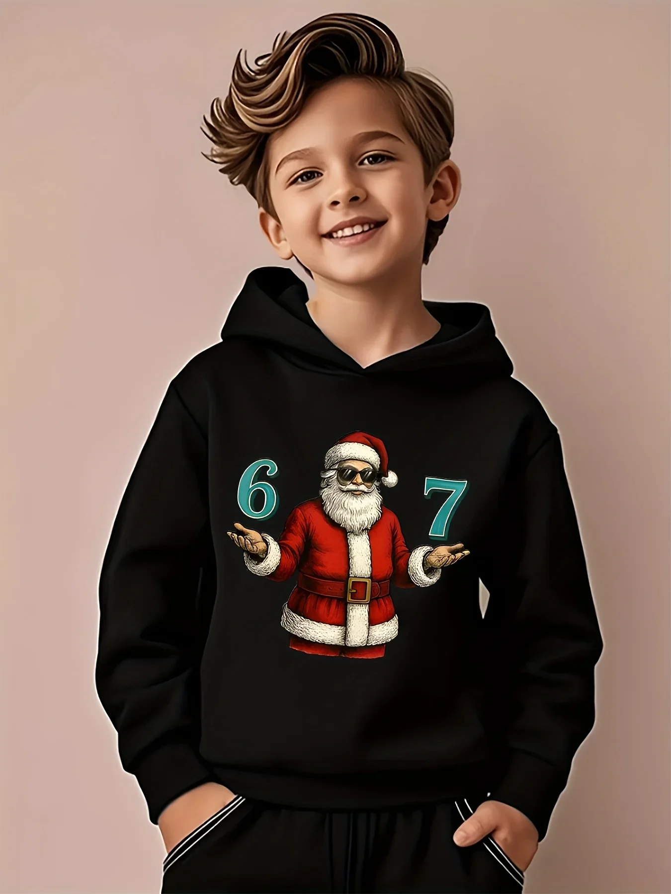 Children's Santa Claus Print Fleece-Lined Hoodie – Soft, Warm, and Comfortable Casual Pullover for Autumn and Winter