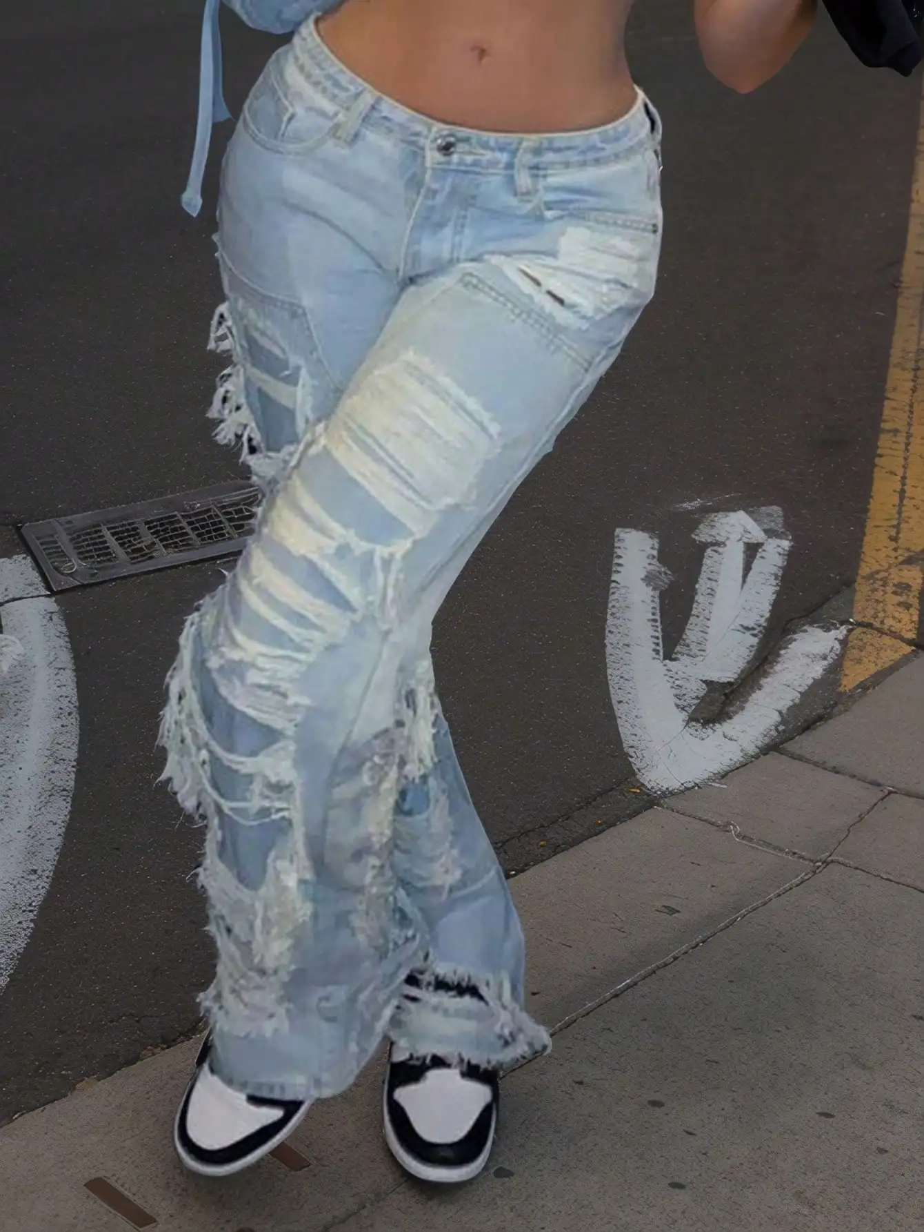 2000s Retro Style Double - Layer Ripped Jeans Similar to Zhou Yangqing's, Hip - Hop Clown Jeans, Women's Retro Y2K Loose Denim T