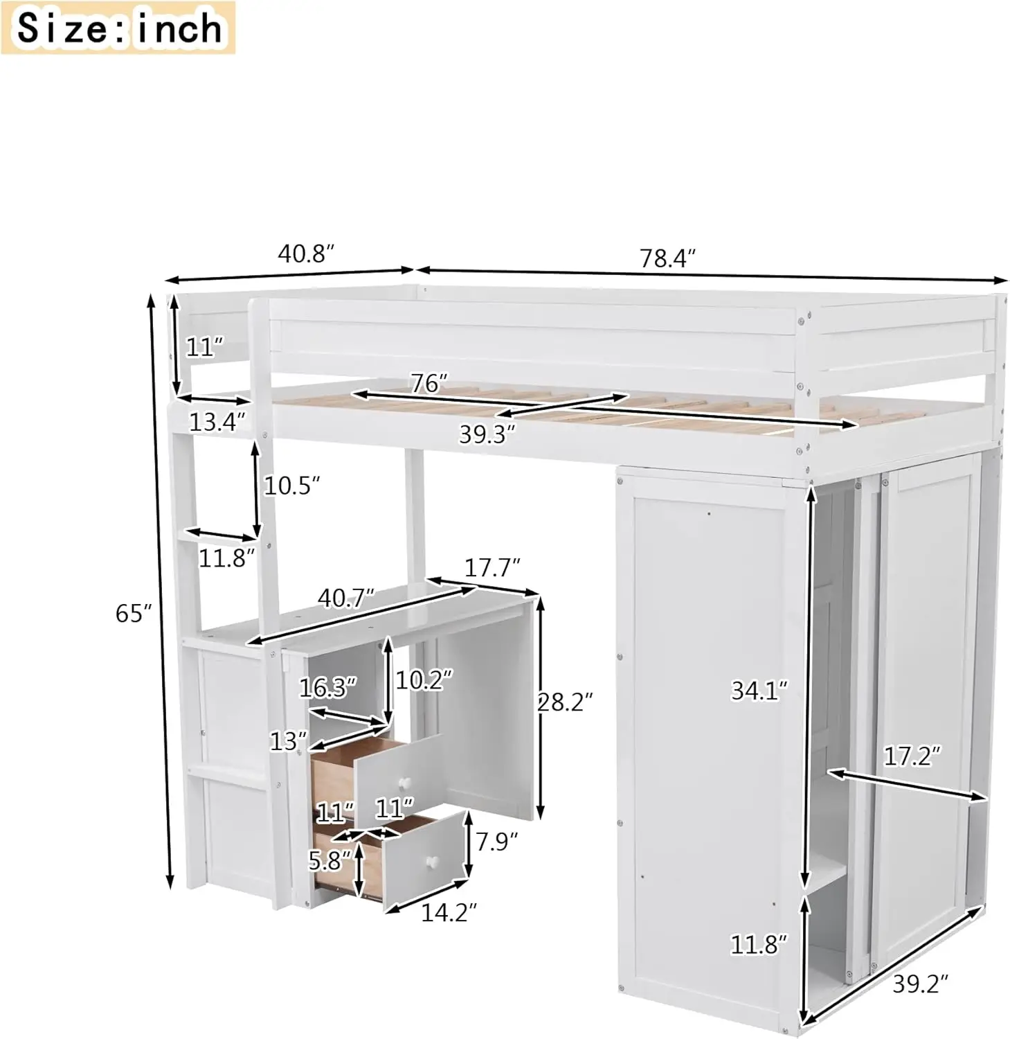 Loft Bed Twin with Desk and Wardrobe, Storage Design with Drawers & Cabinet, Wood Loft Bed Frame for Adult, Teen Girls & B