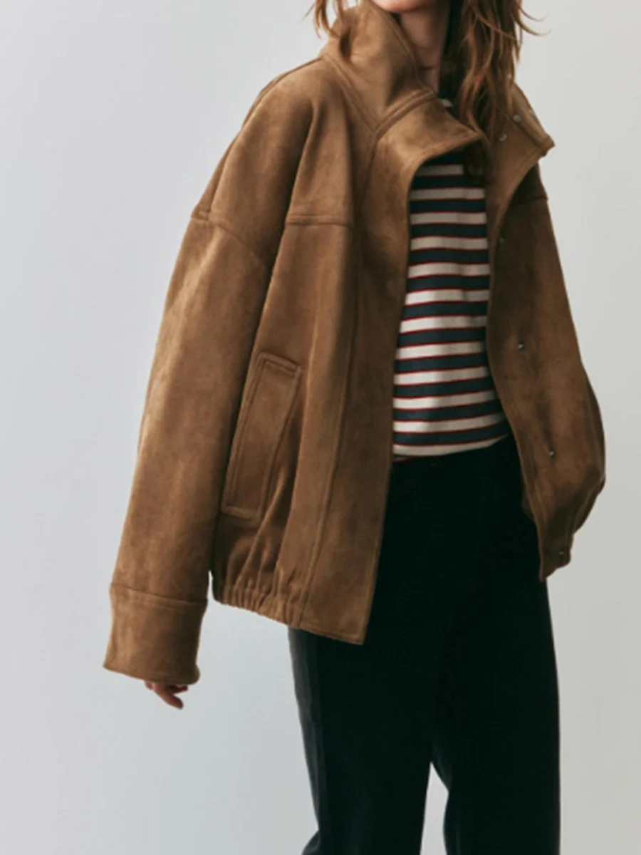 PUAL  Women 2026 Vintage Suede Jacket, Brown Stand Collar Loose Bomber Coat, Casual Button Warm Fashion Outerwear
